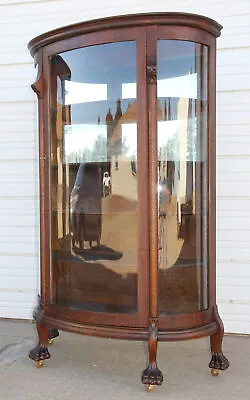 Antique Tiger Oak 2Pillar 3Curved Glass Curio China Cabinet 4Clawfeet 2MirrorBk • $1595