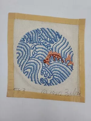 VTG Completed Fish Hidding In The Waves And Coral Round Needlepoint Canvas 1980 • $19.90