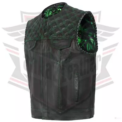 Black Leather Diamond Motorcycle Vest With Concealed Pockets With Green Paisley • $109.59