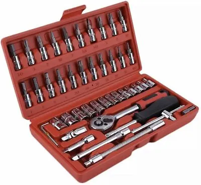 46PCS Socket Spanner Tool Kit Ratchet Wrench Set METRIC/SAE 1/4  Drive W/Case • $19.89