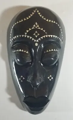 Hand Carved Indonesian Black Wood Mask Mother Of Pearl Inlay Wall Decor 13  • $29.99