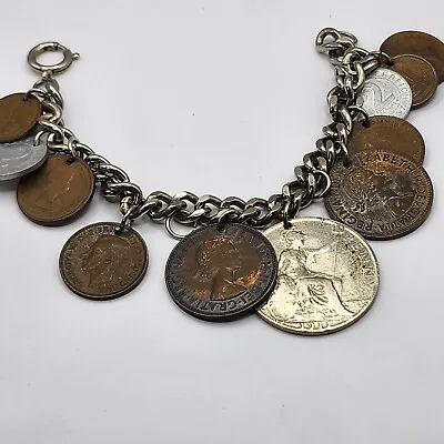 Vintage Charm Bracelet Coin Travel Gold Tone 7   • $27.74