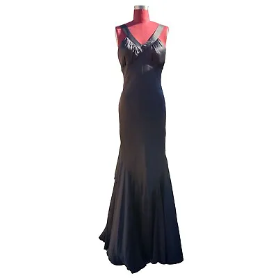Morticia Dress Black Satin Long Sleeveless Ruched Back Goth Prom Medium • $45.97