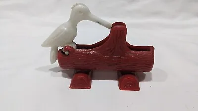 Vintage 1950's Red Plastic Log Toothpick Holder White Woodpecker Bird Dispenser • $13