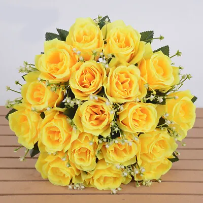 18 Heads Silk Rose Artificial Flowers Fake Bouquet Wedding Home Party Decor • £8.99