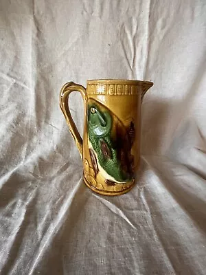 MAJOLICA POTTERY PITCHER In Brown-Green Glaze With Raised Fish Design • $65