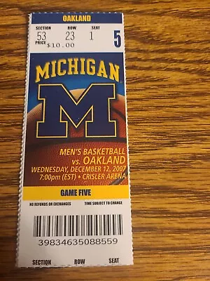 Oakland Grizzlies Michigan Wolverines Men's Basketball Unused Ticket 12/12/2007 • $4