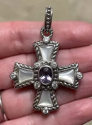 Judith Ripka 925 Sterling Amethyst Diamonique Mother Pearl Maltese Cross Pendant • $44.99