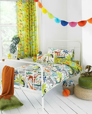 66 X 72  Green & Multi Coloured Jungletastic Eyelet Ring Top Curtains Lined • £33.99