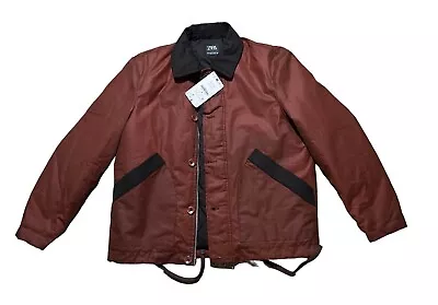 NEW ZARA Mens M Contrast Collar Waxed Cotton Work Jacket Brick Red Lined NWT • $55.24