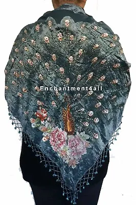 New Stunning Beaded Triangular 100% Silk Velvet Peacock Scarf Shawl Wrap Teal • $27.99