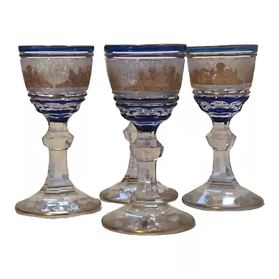 $449.99 • Buy 4 Val St Lambert Saint Crystal Beaudoin Blue Cordial Liqueur Glasses Gilt Putti