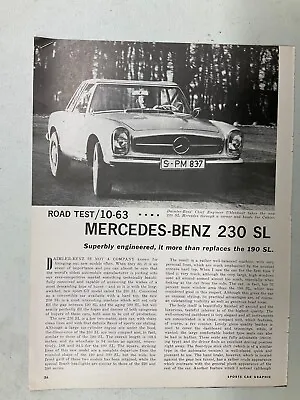 MISC1119 Vintage Road Test Mercedes Benz 230 SL May 1963 4 Page • $14.99