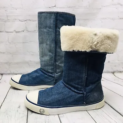 Ugg Women Blue Denim Lightly Distressed Sheepskin Sneaker Keds Winter Boots-US 8 • $69.99