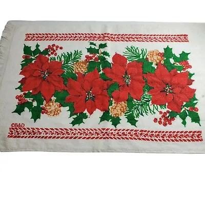 VTG Christmas Holiday Red Poinsettia Acorn Holly Berry Dish Towel Fringe Kitchen • $10.37