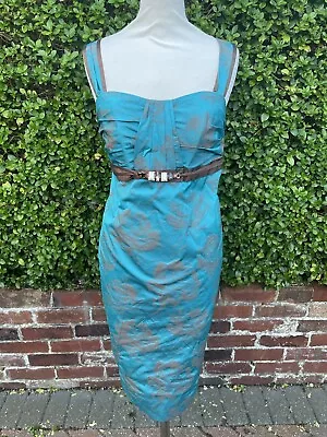 Linea Raffaelli Blue Brown Floral Print Dress Mother Of The Bride Size Uk 16 • £30