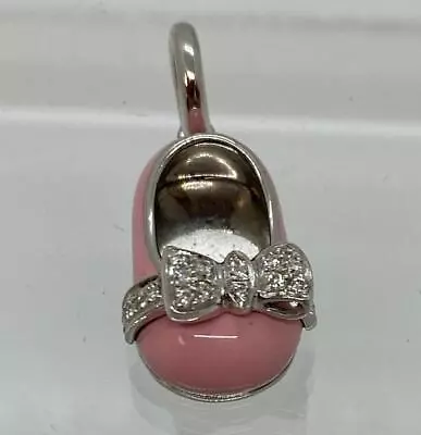 Aaron Basha 18k White Gold Pink Enamel Diamond Bow Baby Shoe Charm • $1295