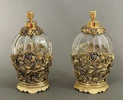 2 Vintage Matson Gold Filigree Rose Ormolu Perfume Bottle Pair 5 1/4” • $155