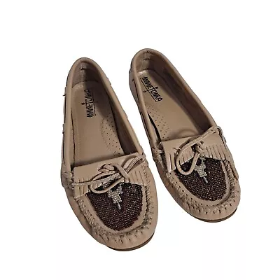 Minnetonka Shoes Woman 8 Moccasins Slip On Beaded Leather Brown Fringe Comfort • $39.99