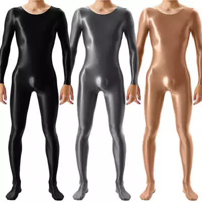 Mens Oil Shiny Satin Glossy Bodystocking Long Sleeve Full Body Jumpsuit Bodysuit • £21.59