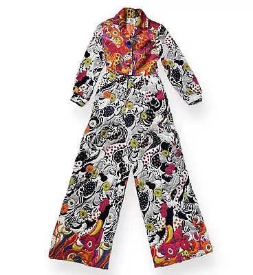 Vintage 60s 70s Jumpsuit Velvet Psychedelic Print Quilted Small Extra Small • $164.99