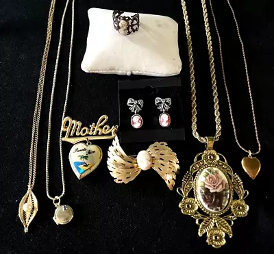 Vintage Jewelry Lot Cameo Locket Sterling Marcasite Earring Brooch Necklace Ring • $64.99