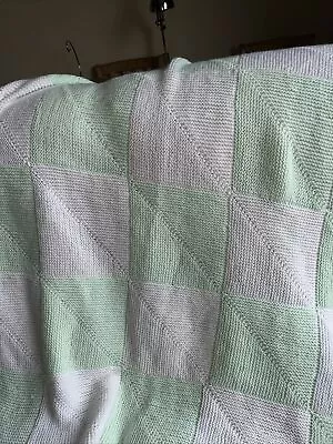 Hand Knitted Cot Blanket Mint White • £10