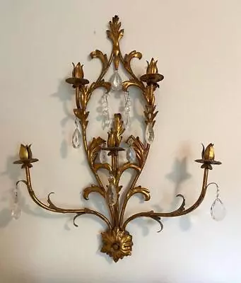 Vintage Hollywood Regency Gilt Tole Ware Crystal Prisms 5 Arm Wall Sconce 31” • $0.99