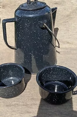 Vintage Black Speckled Enamelware Coffee Pot With Two Cups Camping Fire Metal  • $26.99