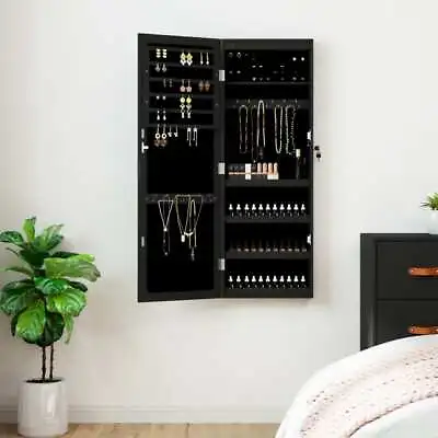 Mirror Jewellery Cabinet With LED Lights Wall Mounted Black • £188.98