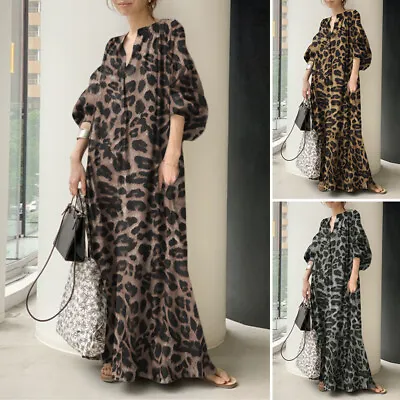 UK Women Puff Sleeve Leopard Printed Maxi Dress Casual Loose Baggy Shirt Dresses • £18.99