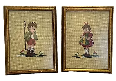 Handcrafted Needlepoint Framed Boy And Girl Child Portraits Child Handmade • $25.25