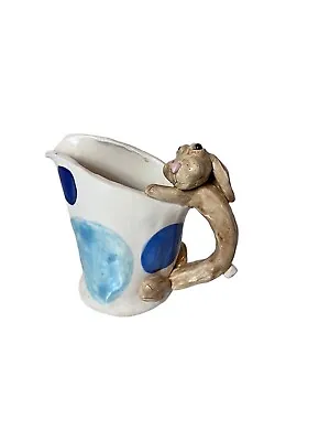 Handmade Pottery Pitcher Bunny Rabbit Handle Blue Polka-dots Vase Decor • $25