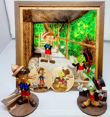 Holiday Disney Display: Marx Pinochio/Jiminy Cricket W/Woodburned/Stained Origin • $249.95