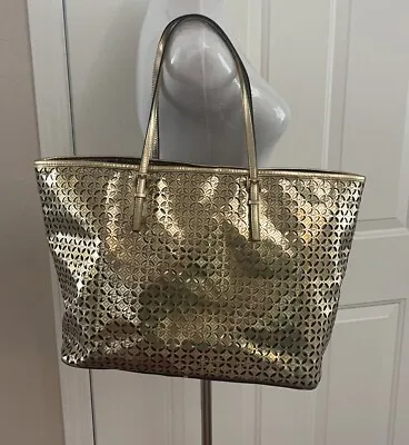 Michael Kors Travel Bag Gold Leather Tote Floral Perforated MK Shoulder Tote • $69.99