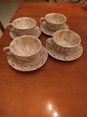 PV Pleasant Village Italy Pottery Ceramic Four Multicolor Shell Cups & Saucers  • $85