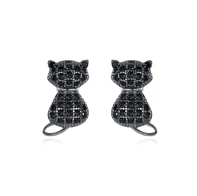 925 Sterling Silver Cat Kitten Micro-paved Cubic Zirconia Stud Earrings Box PE60 • $14.95