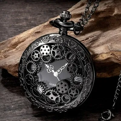 Black Gothic Retro Vintage Quartz Mechanical Pocket Watch With Chain Gift • £8.95