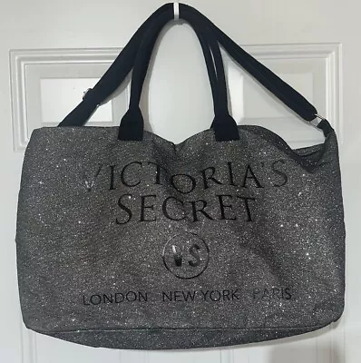 Victoria’s Secret Weekender Tote Bag Black & Silver Glitter Metallic Travel Bag. • $20