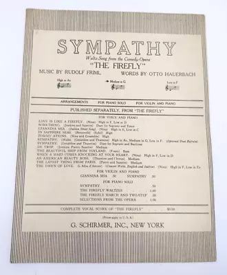 Sympathy Vintage Sheet Music The Firefly Piano Violin Music By Rudolf Friml • $9.99