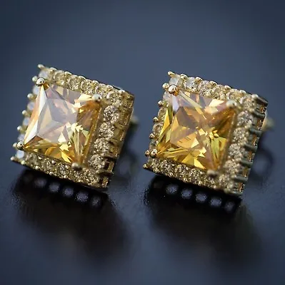 Canary Yellow Mens Women' 14K Gold Plated Square Cut Cz Earrings • $14.99