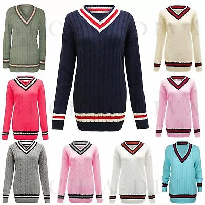 Womens Ladies Cable Knitted V Neck Long Stretch CRICKET JUMPER Pullover Top PLUS • £11.90