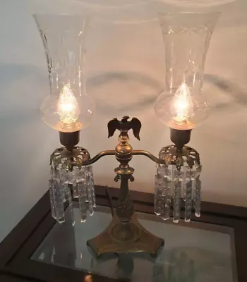 Vintage Victorian Brass Electric Candelabra Lamp Eagle Hanging Glass Crystals • $100