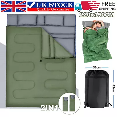 2in1 Double Sleeping Bag Extra Large Waterproof Carrying Bag Camping & 2 Pillow • £13.99