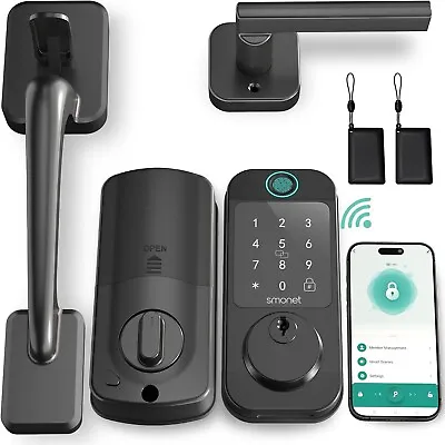 WiFi Front Door Lock Set With Handle SMONET Fingerprint Keyless Digital Deadbolt • $239.99