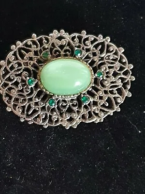 Beautiful Vintage Oval Filigree & Mint Green Glass Cabouchon Costume Brooch/pin  • £9.99