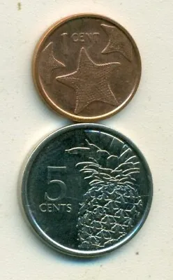 2 NICE COINS From The BAHAMAS - 1c W/ STARFISH & 5c W/ PINEAPPLE (BOTH 2015) • $1.50