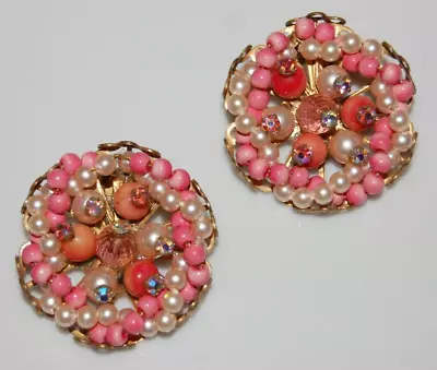 Elegant Vtg Mcm Round Pink Beaded Golden Metal Swirl Statement Clip-on Earrings • $22.75