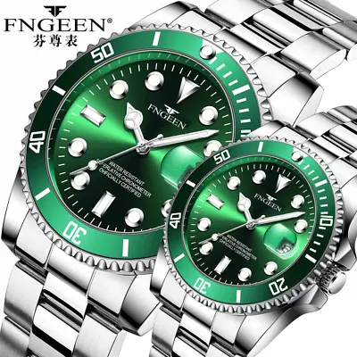 FNGEEN Men And Women Couple Set Quartz Date Stainless Steal Strap Wrist Watch • $29.58