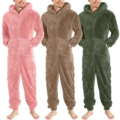 Mens 1Onesie Thick Snuggle Warm Fleece Hooded Zip All In One Winter Jumpsuit UK • £38.17